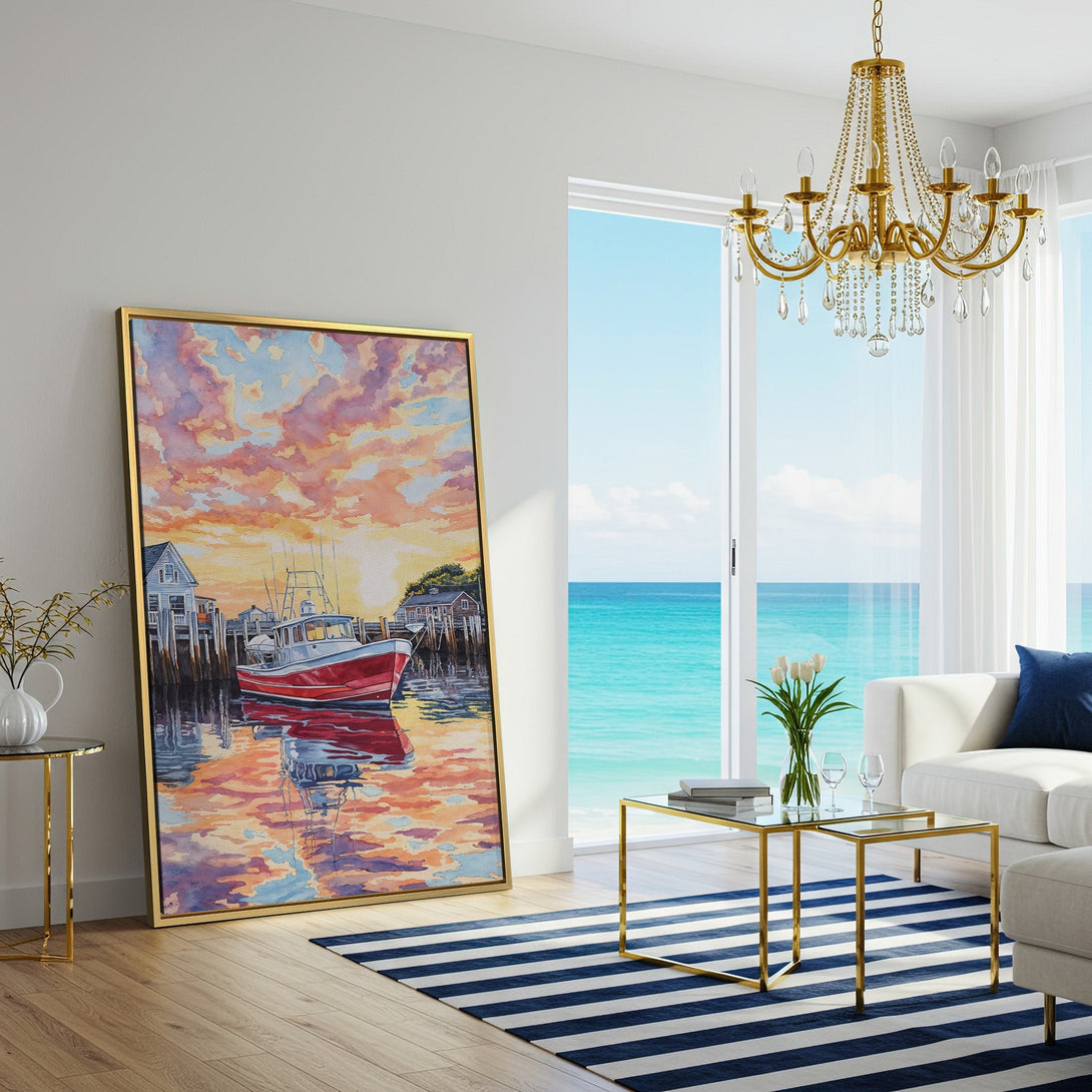 Canvas Print: Watercolor painting of a red boat at sunset. Warm orange, red, and blue hues create a calming coastal vibe for your home decor.