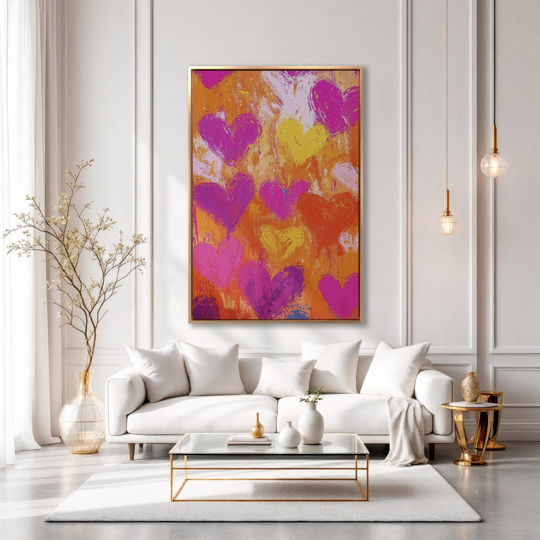Framed Wall Art: Abstract heart painting in vibrant pink, orange, and yellow hues. Modern art Canvas Print adds a pop of color to any living room.