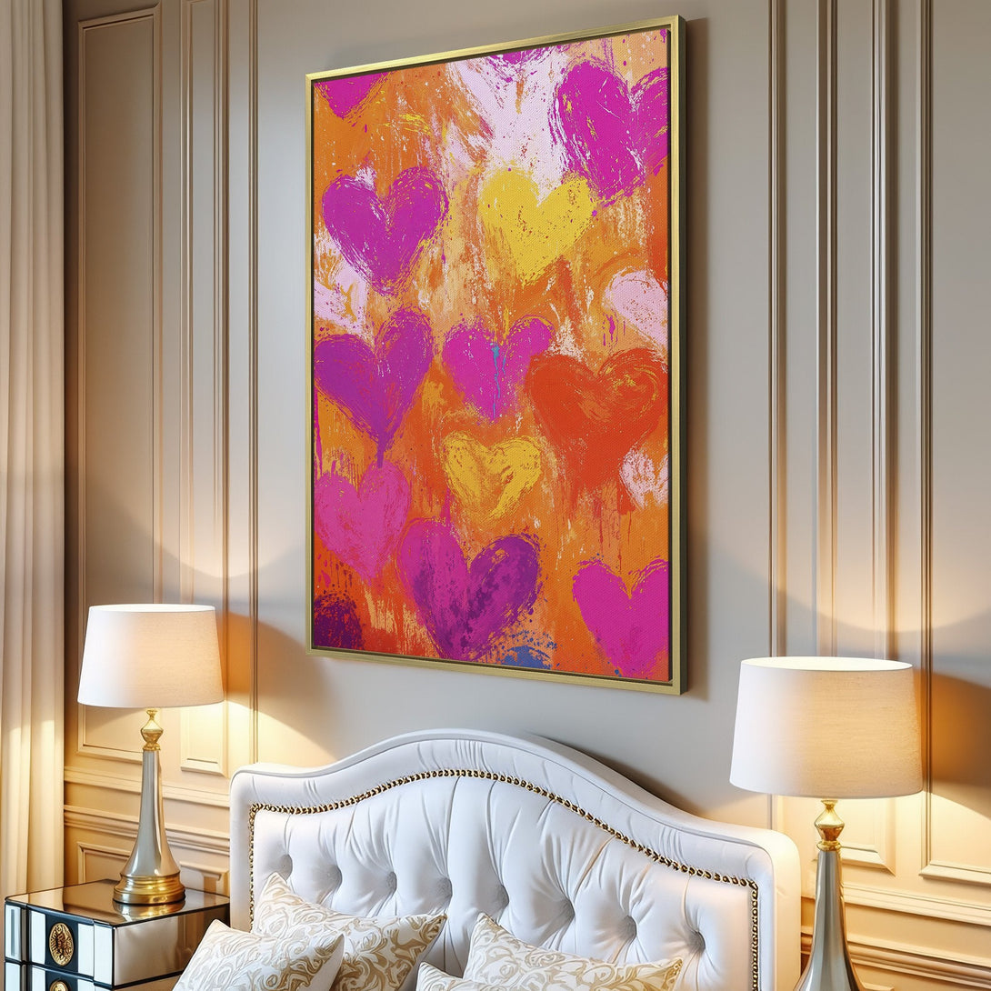 Canvas Print featuring vibrant abstract hearts in pink, orange, and yellow. Modern art to brighten any space.