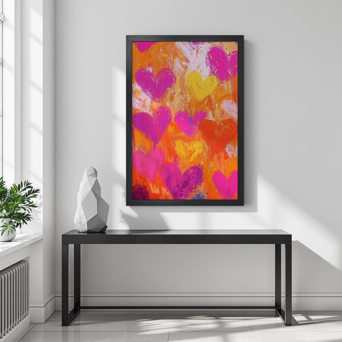 Framed Poster featuring vibrant heart art in a bold, abstract style. Warm orange, pink, and yellow color palette, perfect for adding love to your space.