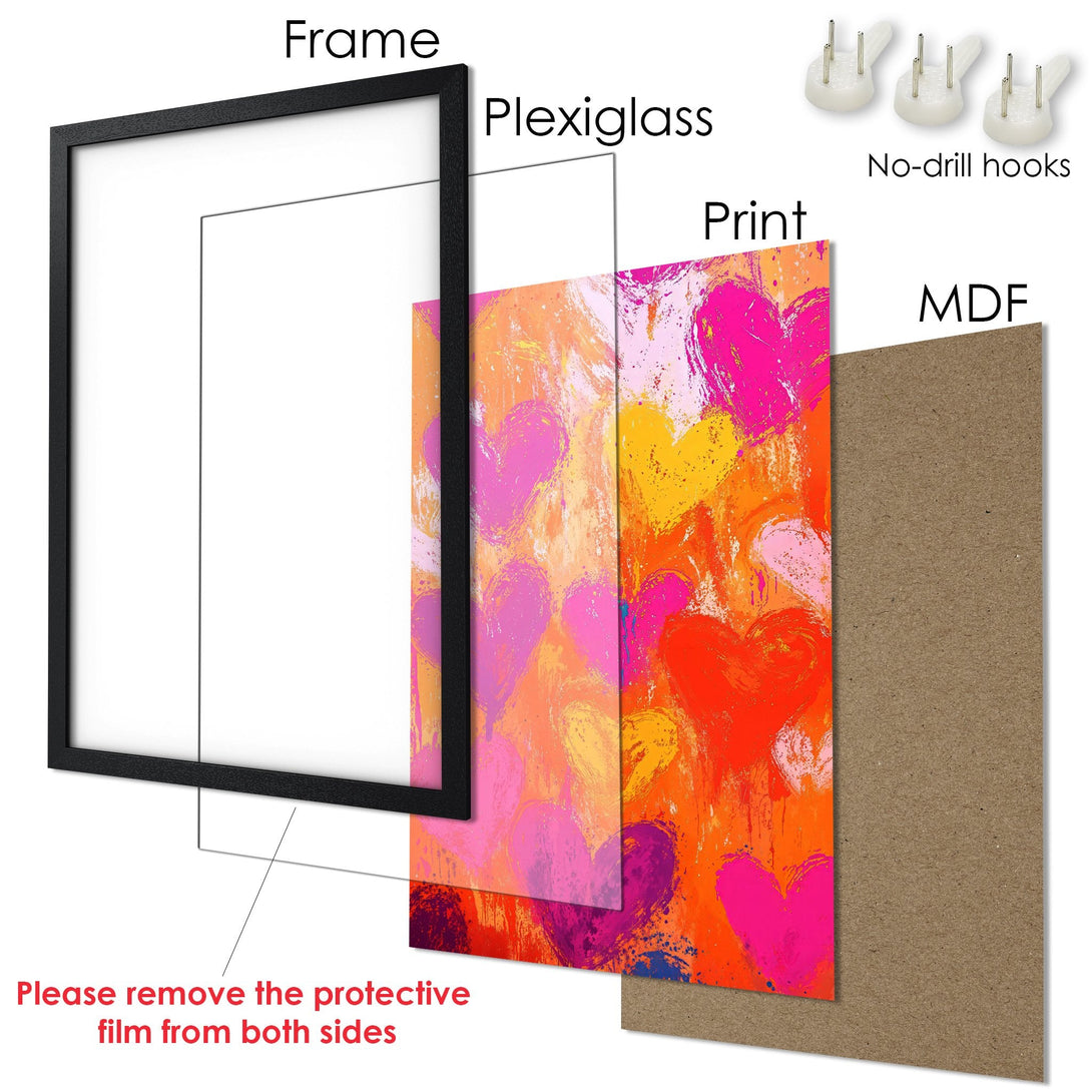 Framed Poster with abstract heart art in vibrant pink, orange, and yellow. Modern style, perfect for adding a pop of color!