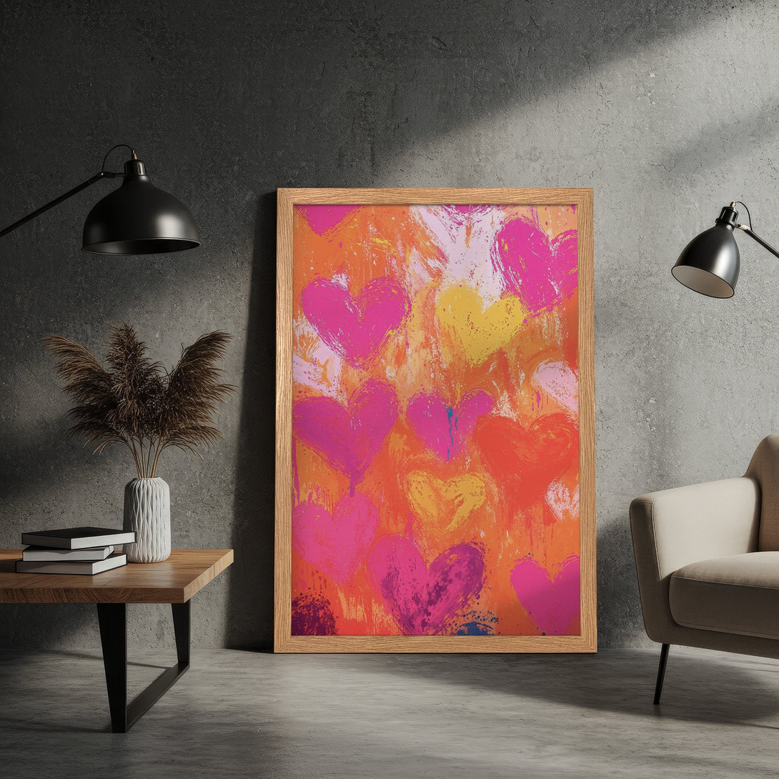 Framed Poster featuring abstract hearts in pink, orange, and yellow. Modern art style, vibrant color palette, perfect wall decor.