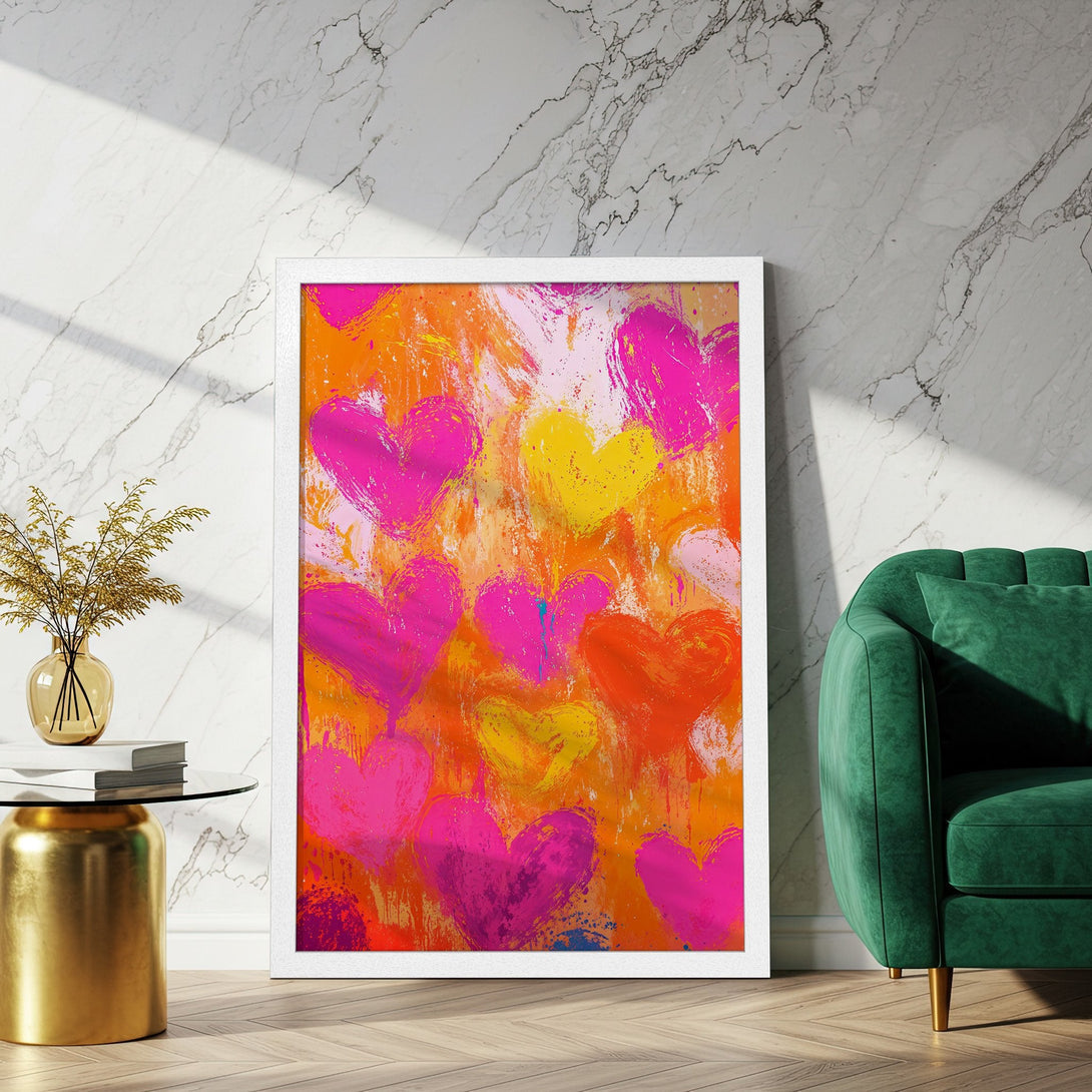 Framed Poster featuring abstract hearts art. Modern style with vibrant pink, orange, and yellow color palette. Add a pop of love to your space!