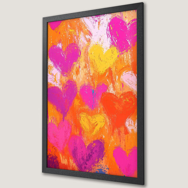 Framed Poster featuring vibrant abstract hearts in pink, orange, and yellow. Modern art style, perfect for adding a pop of color to any space.