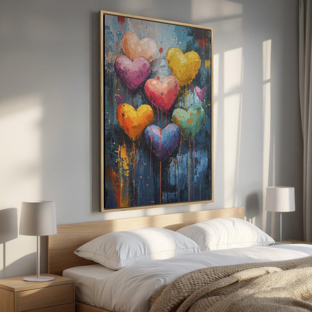 Framed Wall Art: Colorful heart balloons abstract painting. Modern, expressive art with a vibrant palette of blues, pinks, yellows, and oranges. Perfect bedroom decor.