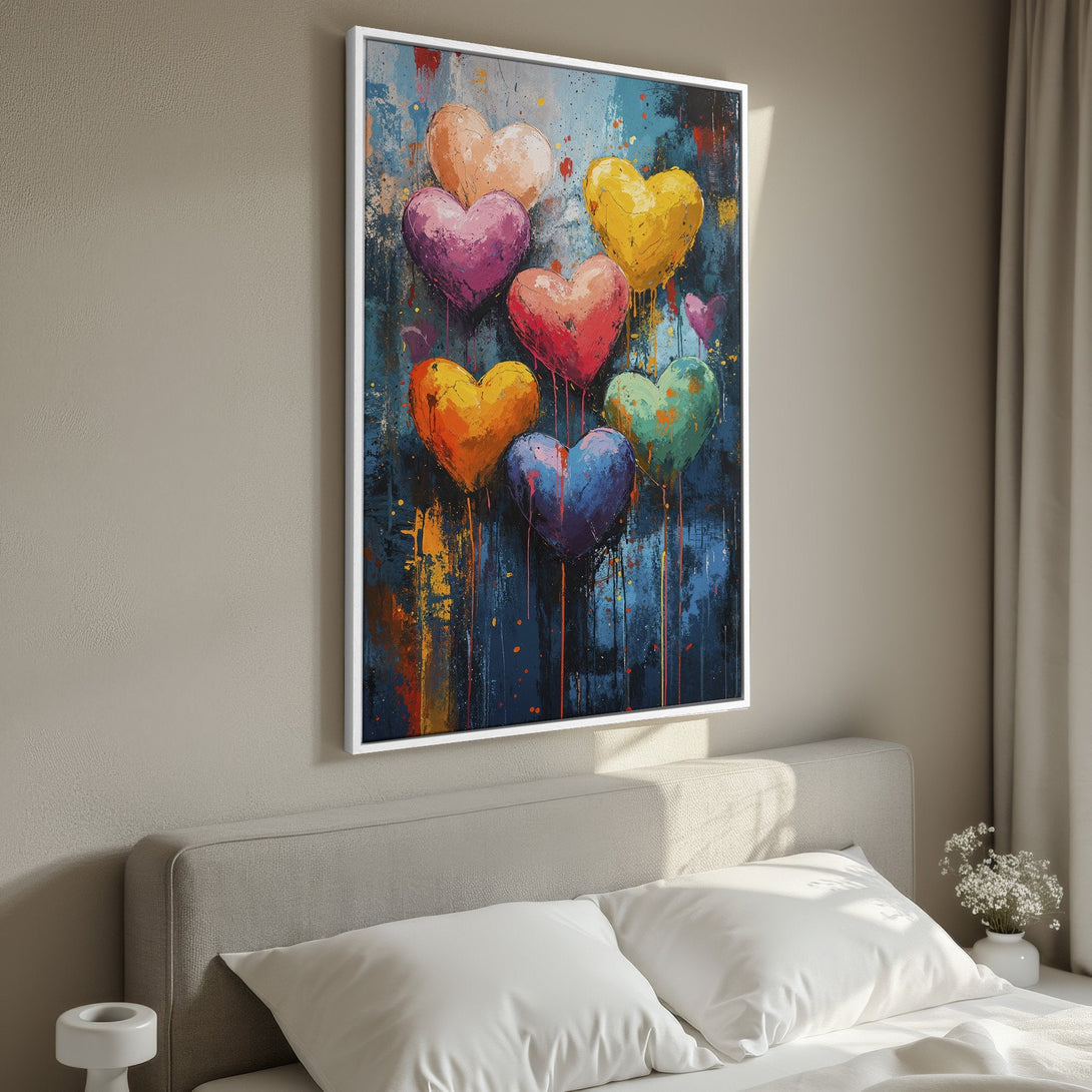 Framed Wall Art: Colorful heart balloon painting in an abstract style. Features a vibrant palette of blues, pinks, yellows, and oranges. Perfect for modern decor.