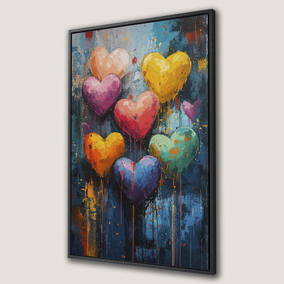 Framed Wall Art featuring colorful heart balloons on a textured blue background. Modern abstract style with vibrant hues of yellow, pink, orange, and green. Perfect for adding a pop of color!