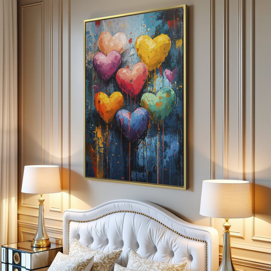 Canvas Print of colorful heart balloons in an abstract style, with a vibrant blue and multi-color palette. Perfect wall art for a modern interior.