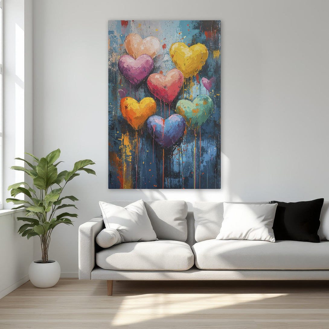 Framed Wall Art featuring colorful heart balloons. Modern abstract style with a vibrant, multi-colored palette. Perfect for adding love and joy to your space!