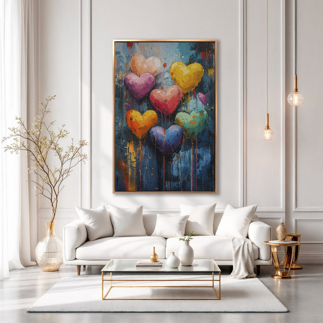 Framed Wall Art featuring colorful heart balloons in an abstract style. Adds a pop of color to any room with a vibrant blue, yellow, pink, and green palette.