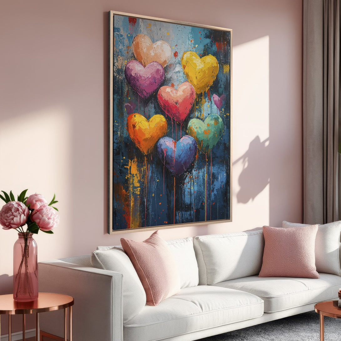 Framed Wall Art: Abstract heart balloons in vibrant colors on a blue backdrop. Modern canvas print adds a pop of color to any room.