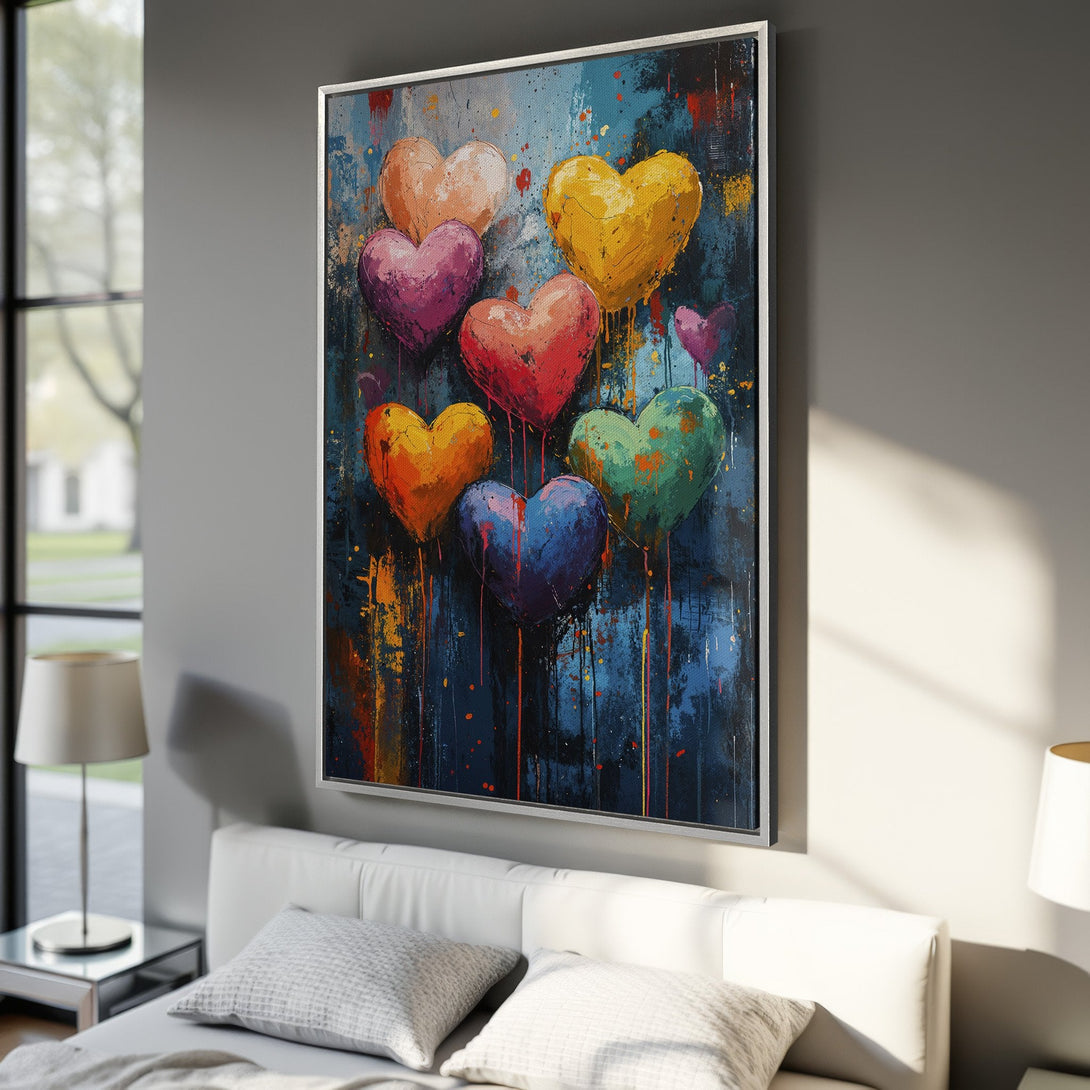 Framed Wall Art featuring colorful heart balloons in an abstract, expressive style. Vibrant palette of blues, reds, oranges, and greens adds a pop of art to any space.