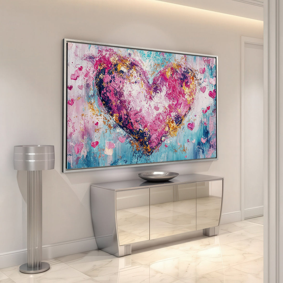 Framed Wall Art: Abstract heart painting in pink, blue, and gold hues. Modern art canvas print adds a pop of color to any interior space.