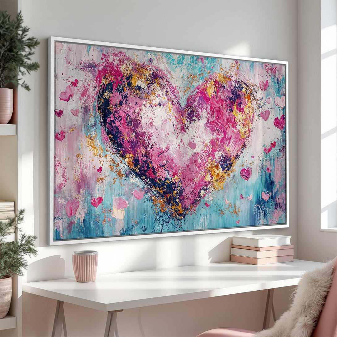 Framed Wall Art: Abstract heart painting in pink, blue, and gold. Modern art style, perfect for romantic decor. Add love to your walls!