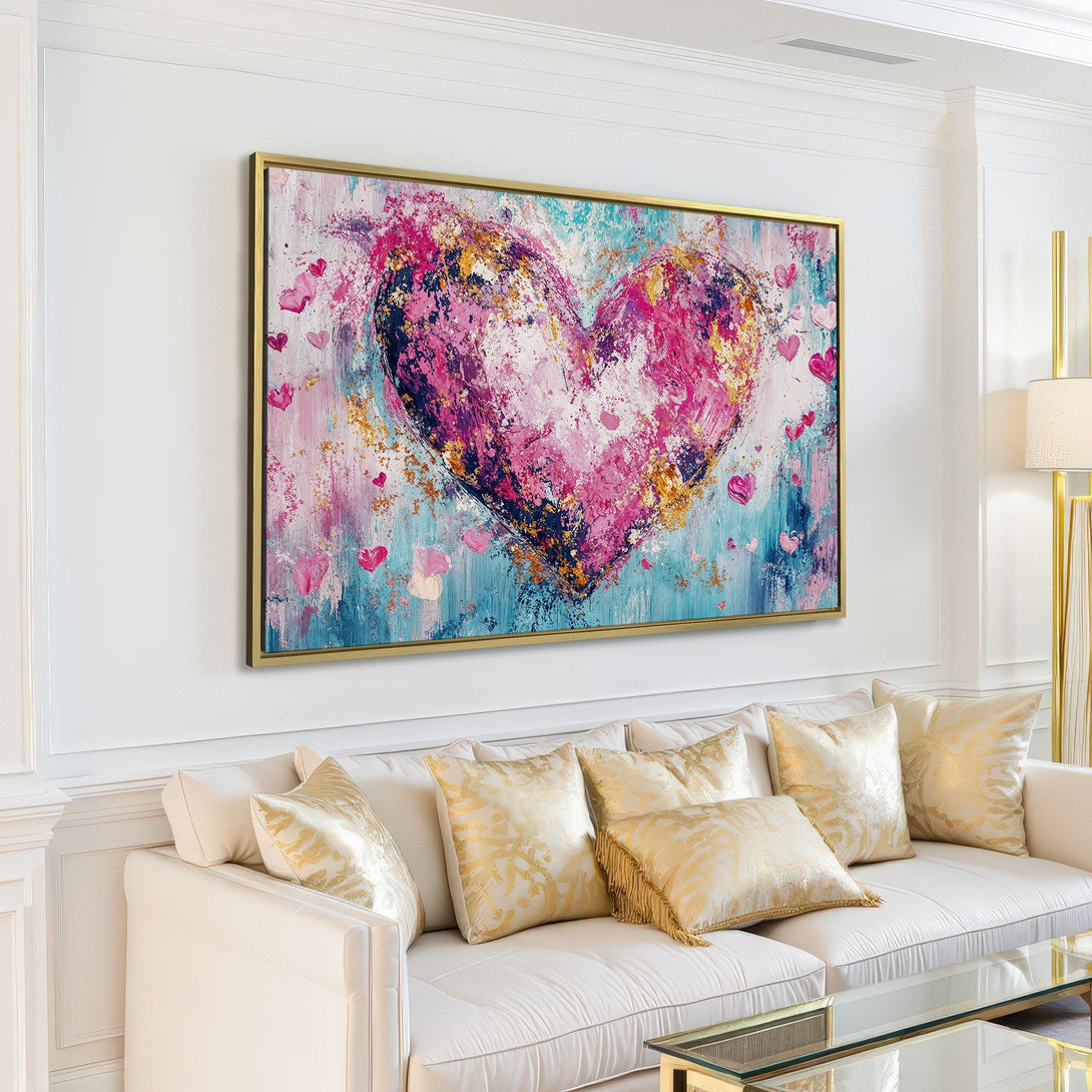 Abstract heart Canvas Print in pink, gold, and blue. Modern wall art for a romantic living room.
