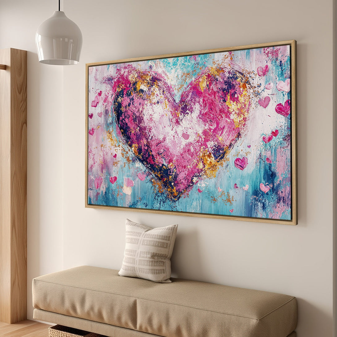 Framed Wall Art: Abstract heart painting in pink, blue, and gold. Modern art canvas print perfect for adding love and color to your home decor.