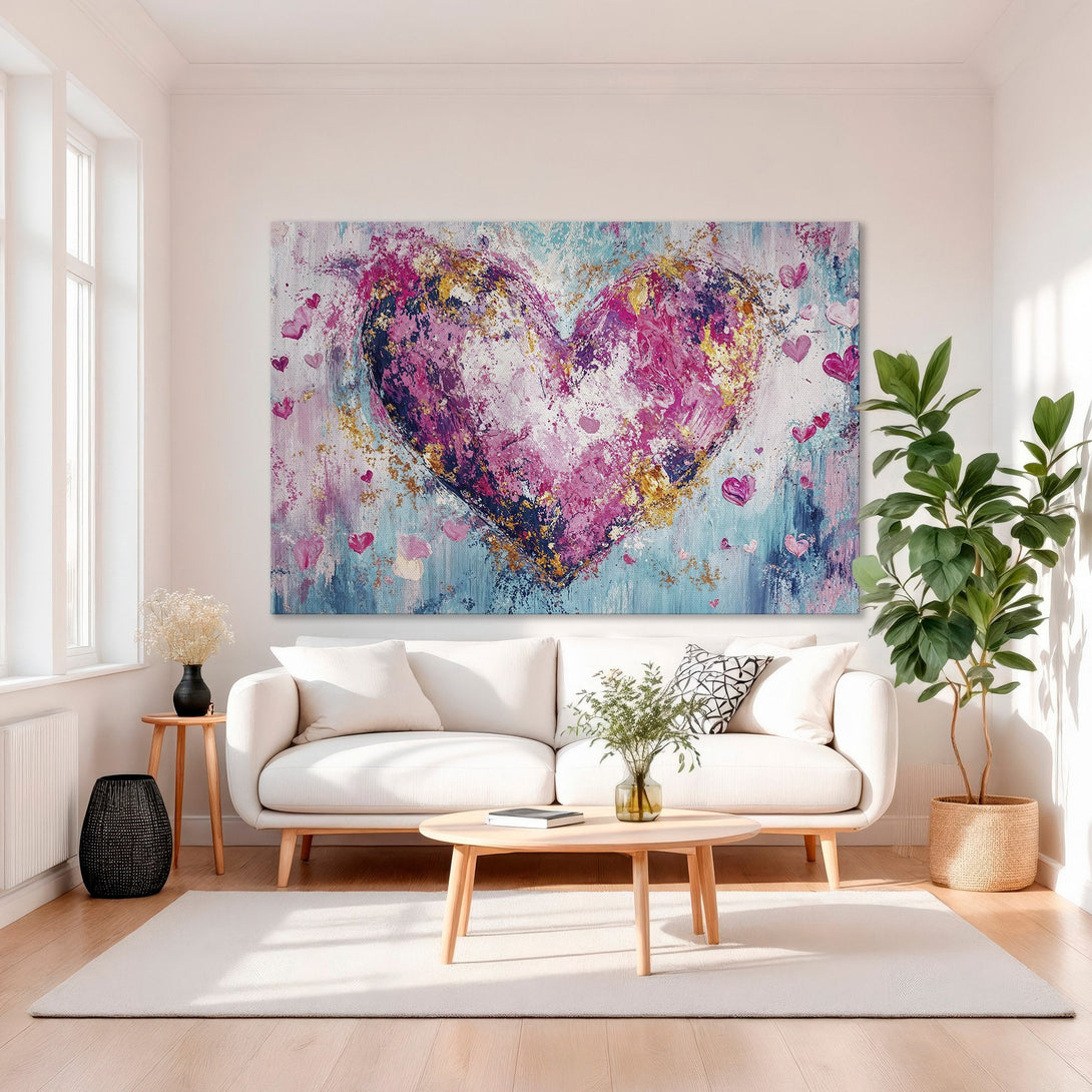 Framed Wall Art: Abstract heart painting in pink, blue, and gold. Modern style Canvas Print adds a touch of love to any space.