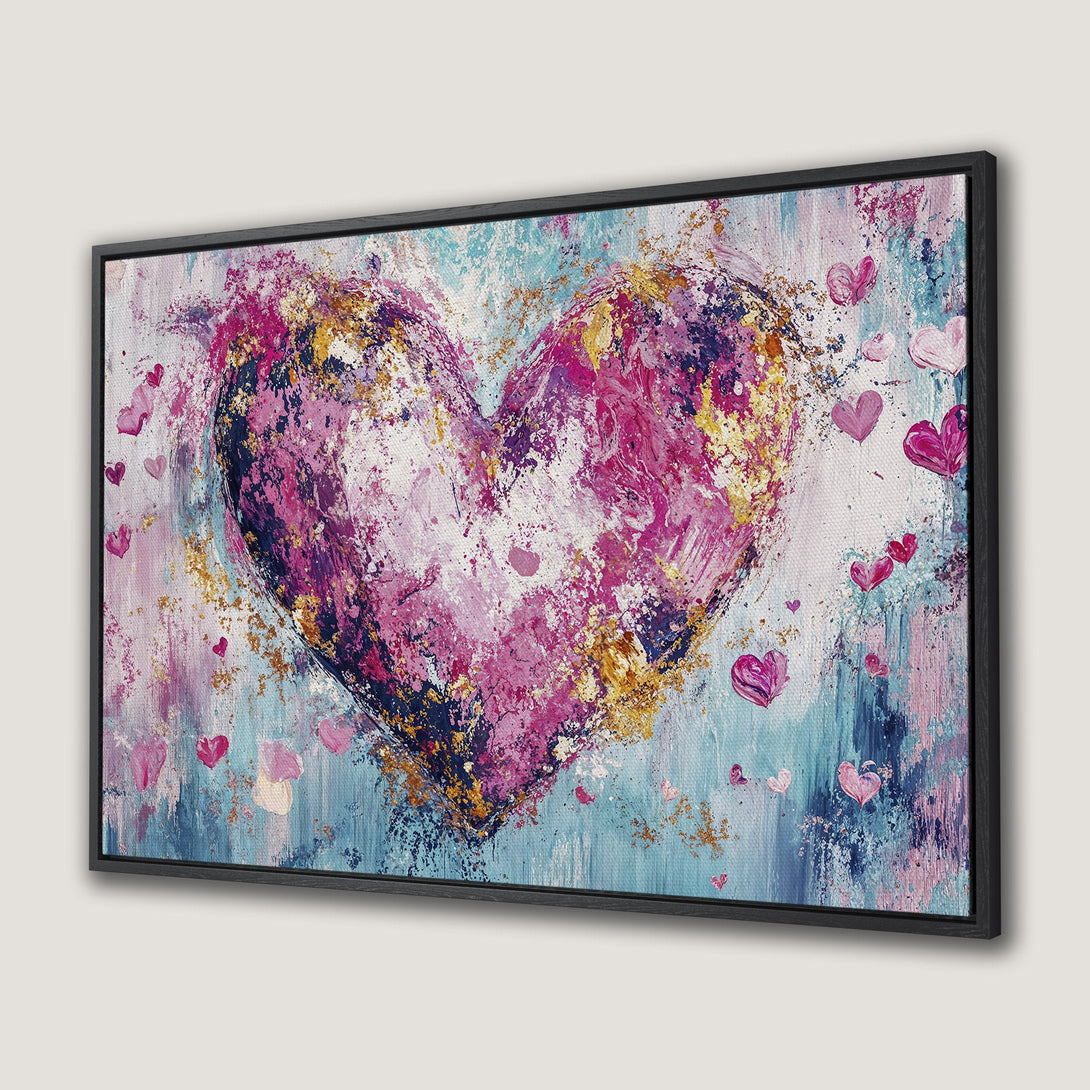Framed Wall Art: Abstract heart painting in pink, gold, and blue hues. Modern art for your home. Express your love with this beautiful canvas print!