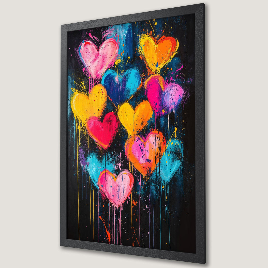 Framed Poster featuring colorful heart art in a vibrant, graffiti-style with a black background. Perfect for modern decor.