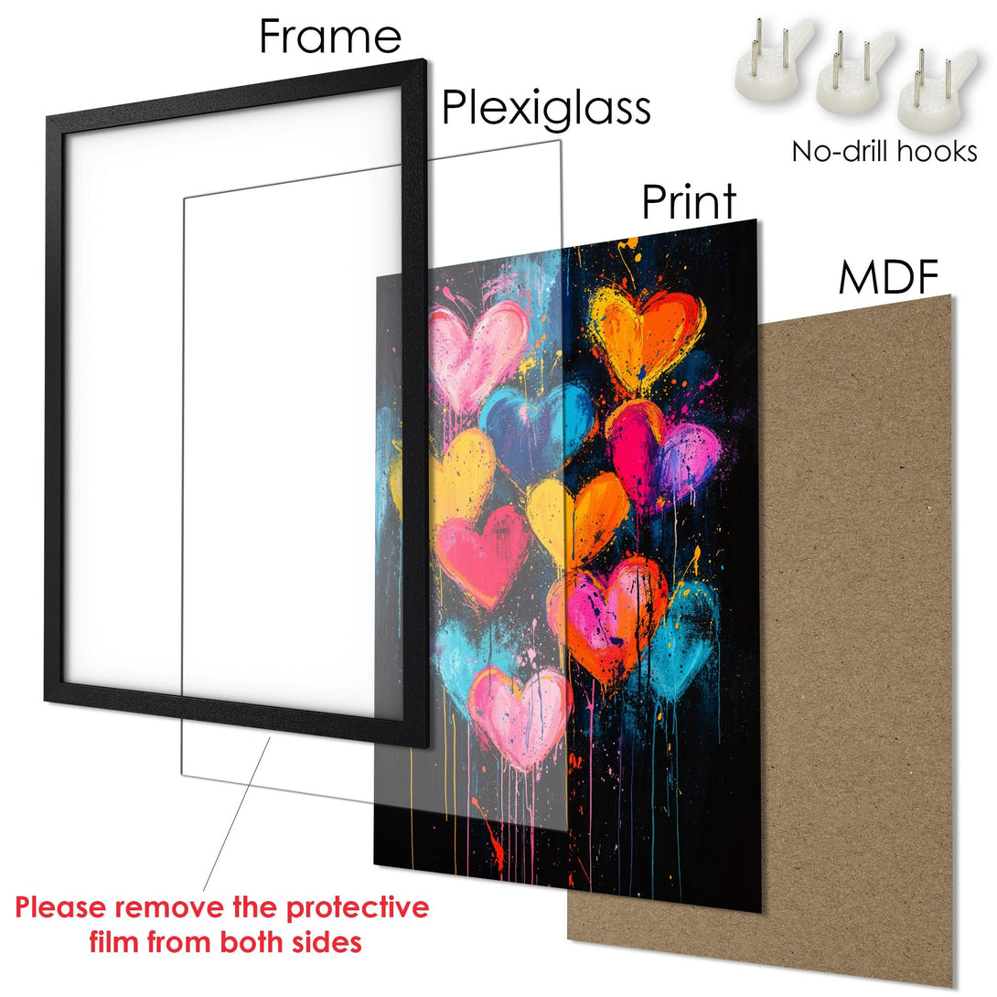 Framed Poster featuring colorful heart art in a modern, abstract style. Vibrant color palette with black frame. Ready to hang!