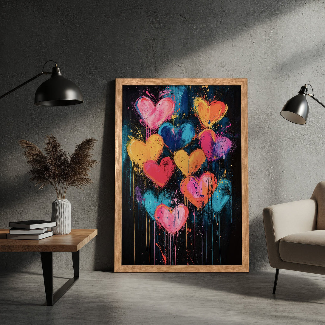 Framed Poster featuring colorful heart art. Modern abstract style with vibrant pink, blue, orange, and yellow on a dark background. Perfect wall decor.