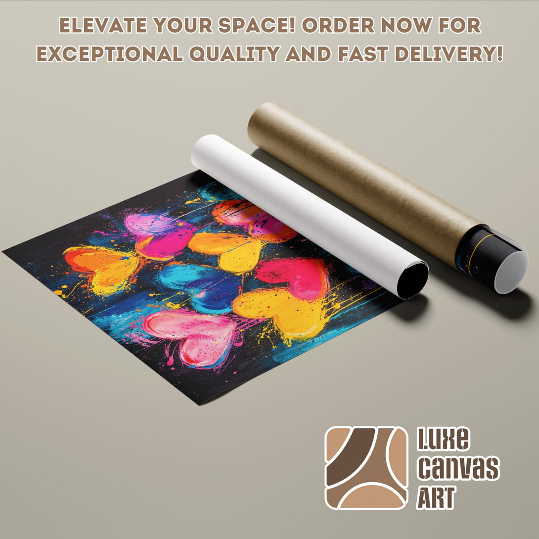 Poster Roll featuring colorful heart art. Modern style, vibrant palette. Elevate your space with this stunning wall art!