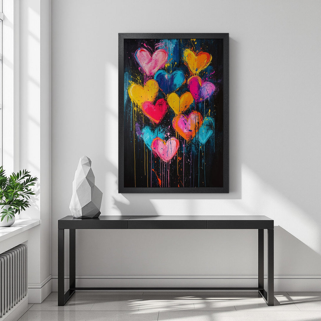 Framed Poster featuring colorful heart art. Modern style with a vibrant, multi-color palette against a black background. Perfect wall decor!