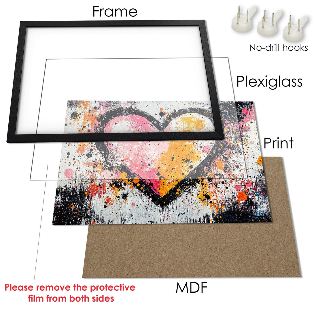 Framed Poster featuring a colorful heart design. Modern abstract art with a vibrant pink, orange, and black palette. Perfect wall decor!