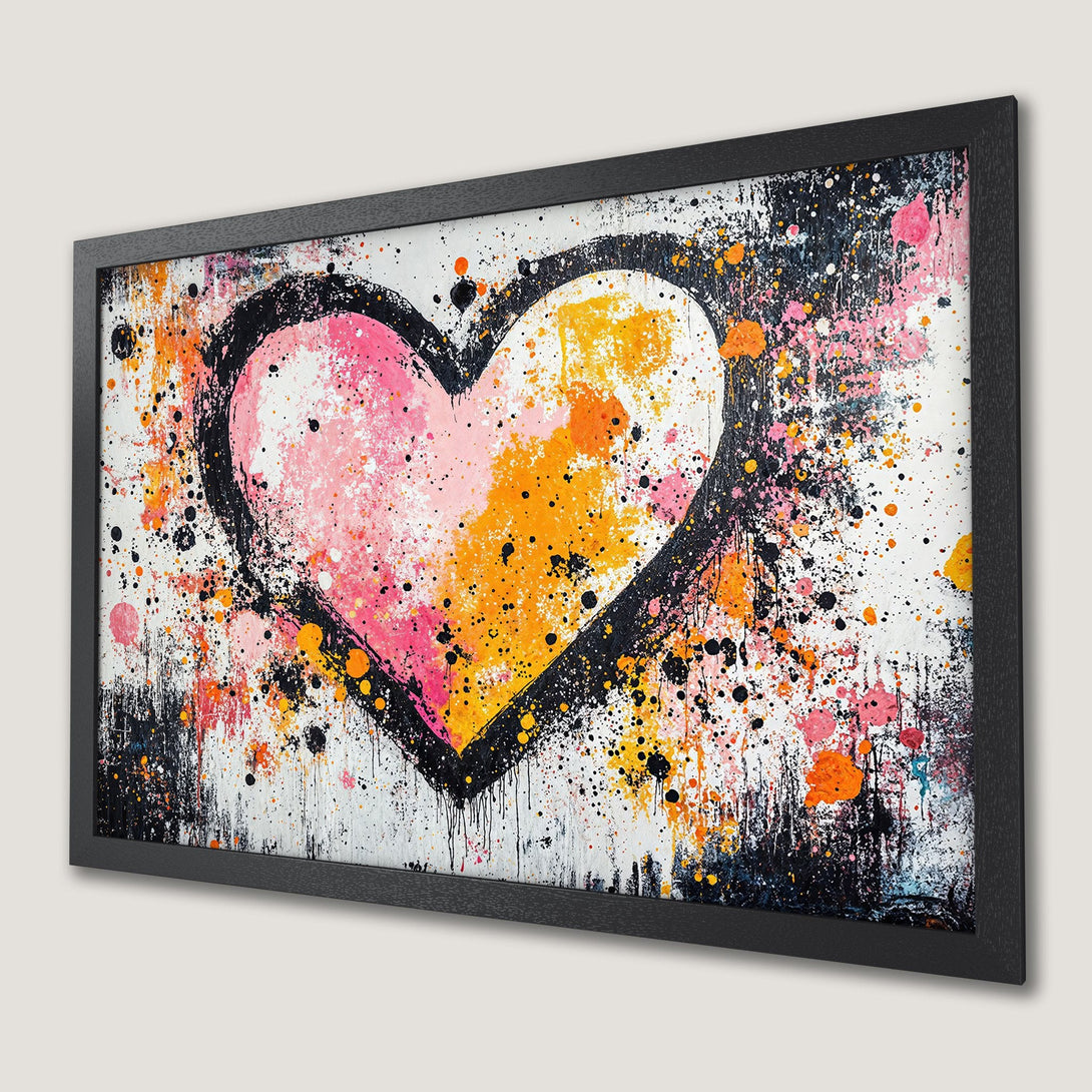 Framed Poster featuring a vibrant heart in abstract splatter art style. Pink, orange, and black color palette, perfect for modern decor.
