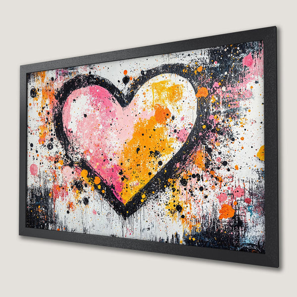 Framed Poster featuring a vibrant heart in abstract splatter art style. Pink, orange, and black color palette, perfect for modern decor.