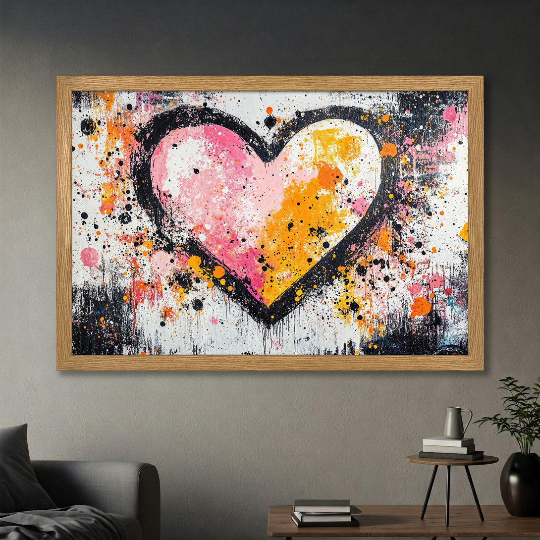 Framed Poster of abstract heart art in vibrant pink, orange, and black splatter paint on white background. Modern style.