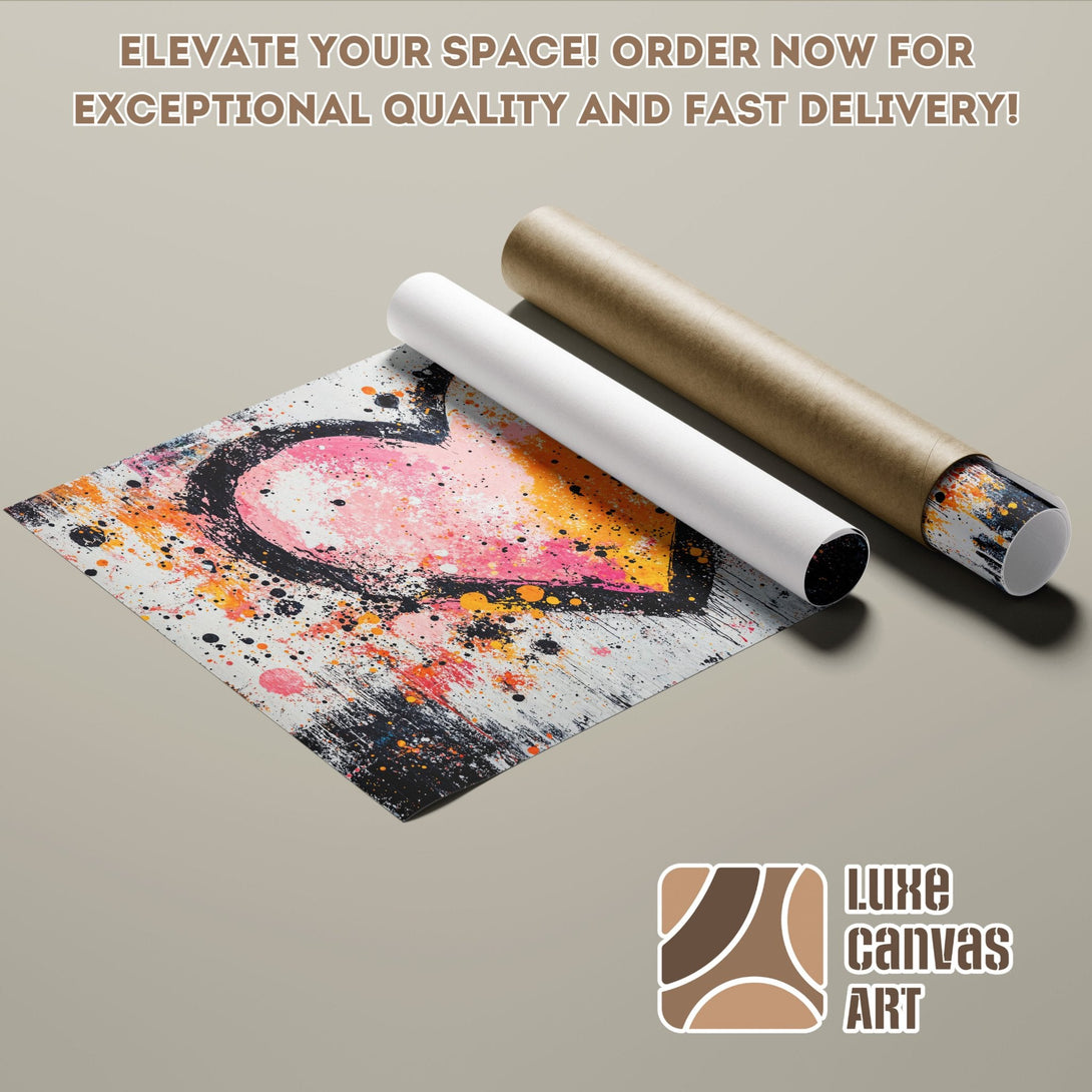 Abstract heart art poster roll with pink, orange, and black splashes. Elevate your space!