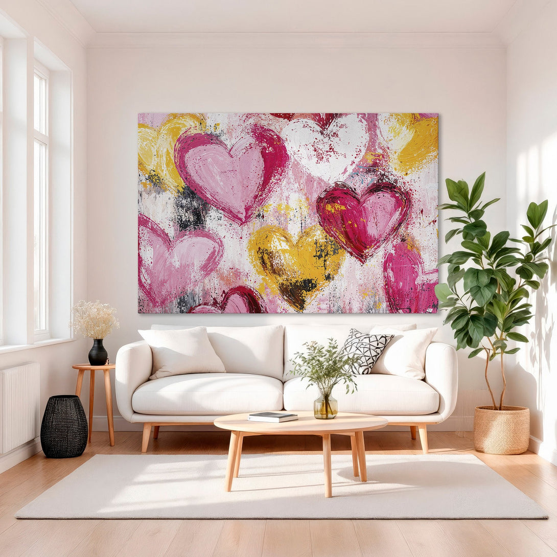 Framed Wall Art: Abstract heart painting in pink, yellow, and red. Modern art style with a gold frame, perfect for adding love and color to any space.