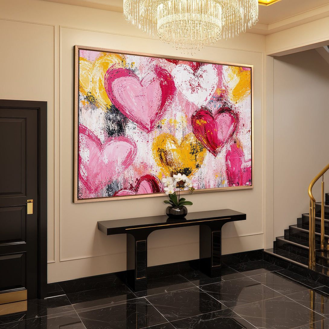 Framed Wall Art: Abstract heart painting in pink, yellow, and white. Modern art canvas print adds a pop of color to any interior.