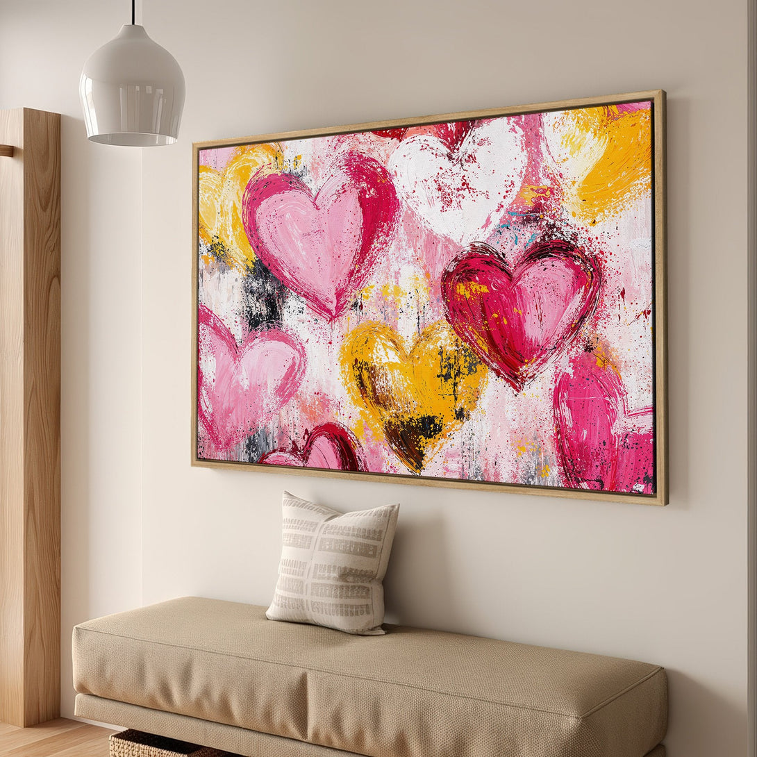 Framed Wall Art: Abstract heart painting in pink, yellow, and white. Modern art for your home. Add a pop of color with this beautiful canvas print.