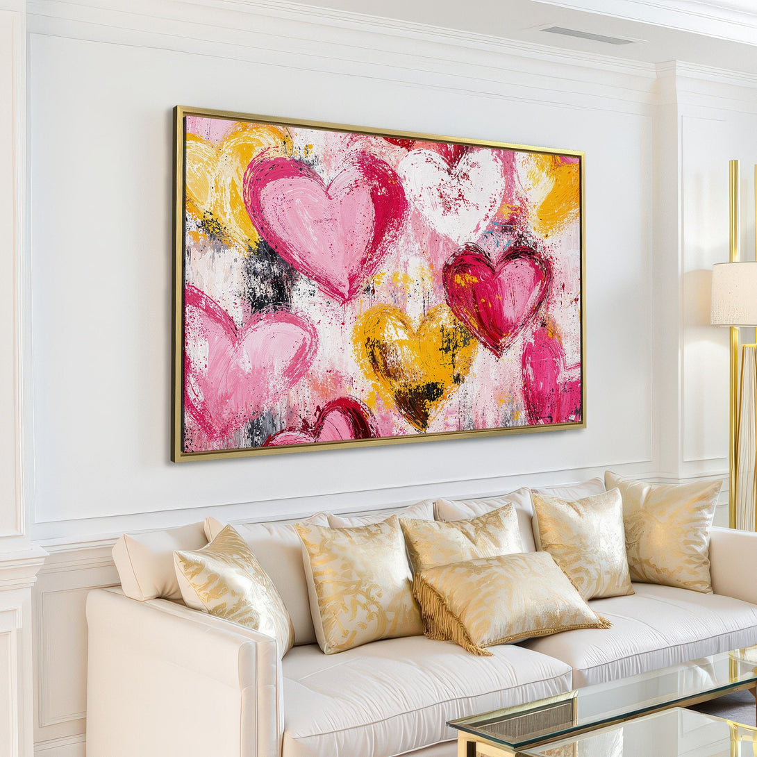 Large Canvas Print featuring abstract hearts in pink, yellow, and red hues. Modern art style, perfect for adding a pop of color to any room.