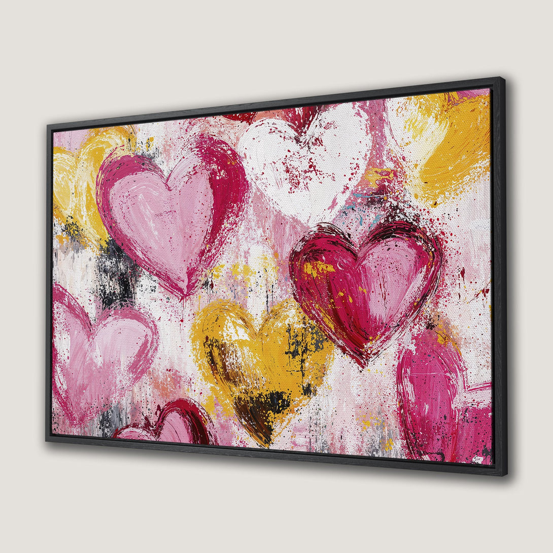 Framed Wall Art: Abstract heart painting in pink, red, and yellow. Modern art canvas print adds a pop of color to any room.