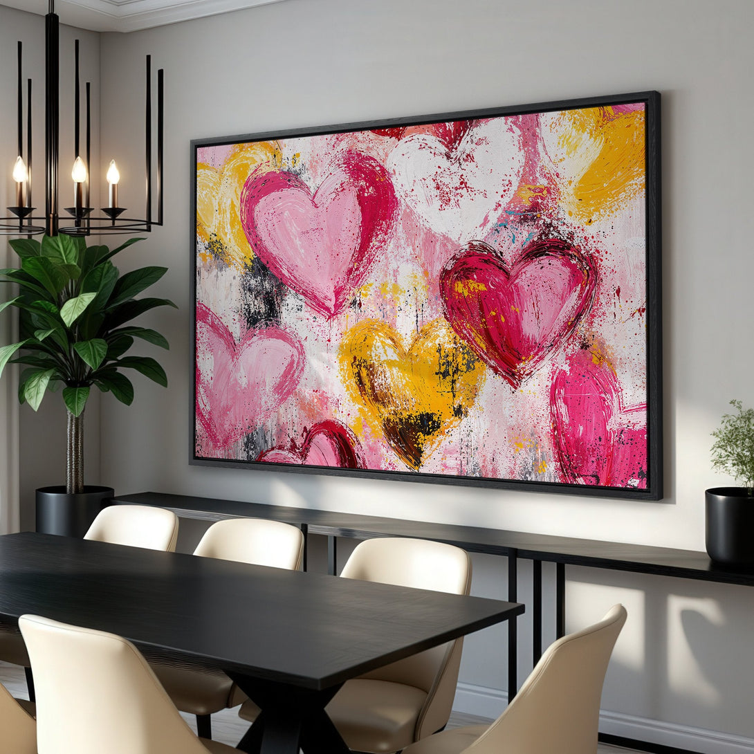 Framed Wall Art: Abstract heart painting in vibrant pink, yellow, and white. Modern art canvas print adds a pop of color to any interior space.