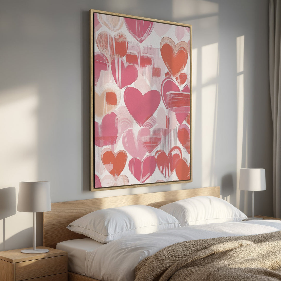 Framed Wall Art featuring a vibrant heart design in pink and coral hues. Modern abstract style perfect for bedroom decor. Add a touch of love to your space!