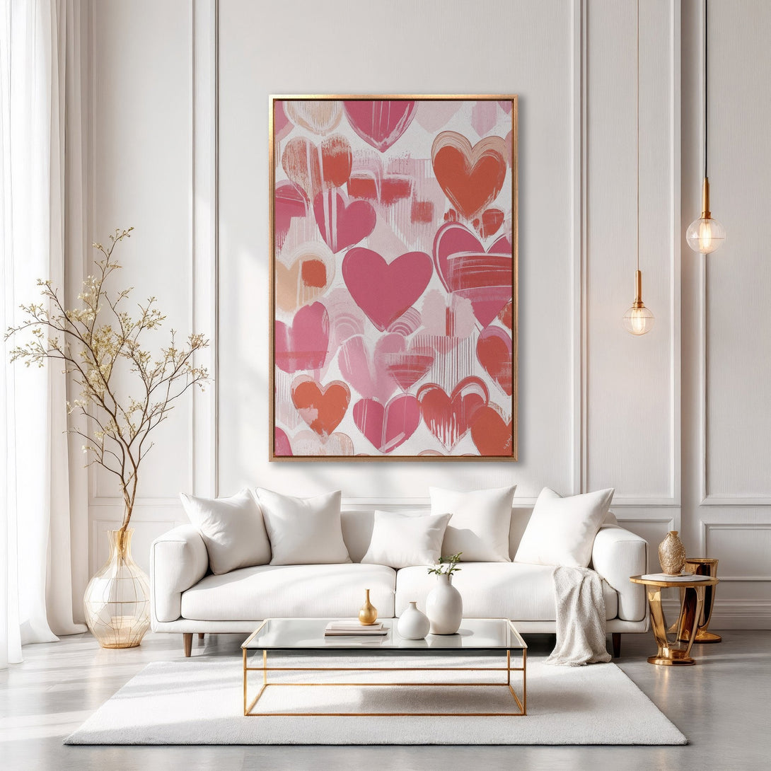 Framed Wall Art featuring a modern abstract heart design in pink and red hues, perfect for adding a touch of love to your home decor.