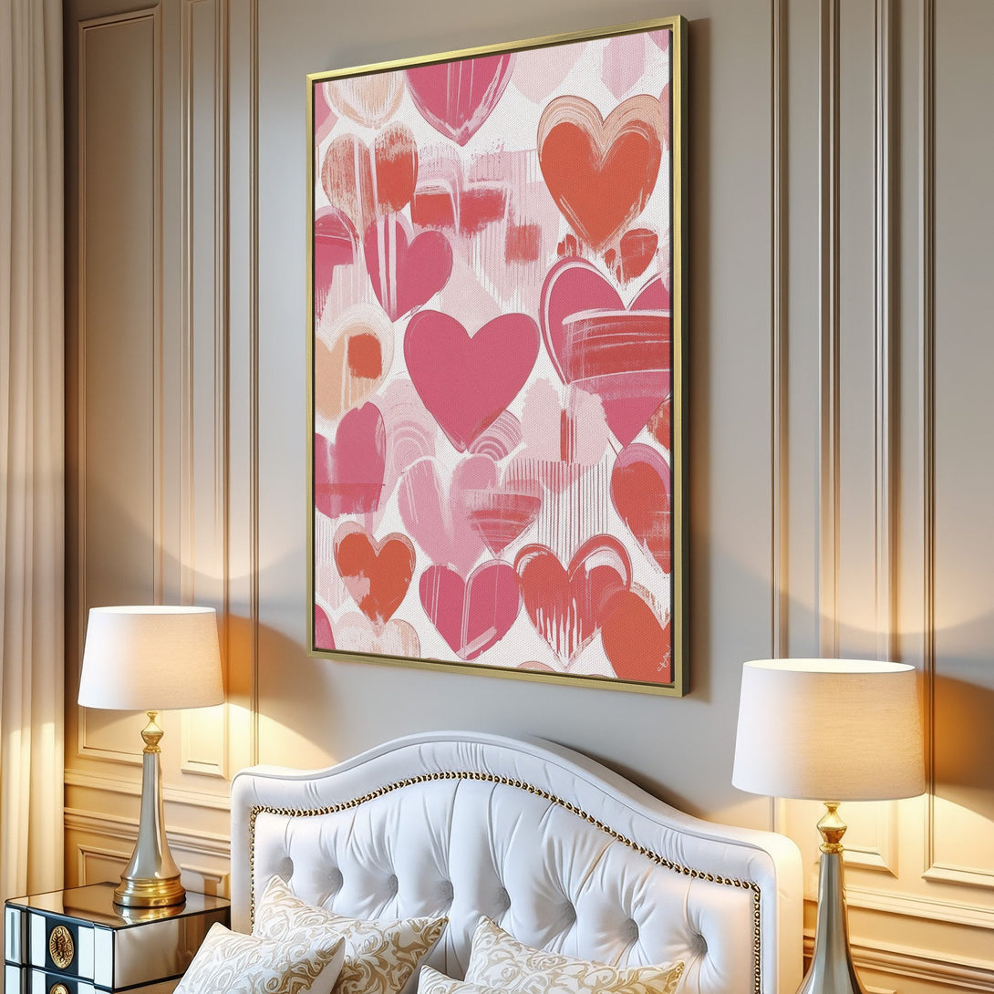 Canvas Print featuring a modern, abstract heart design in a romantic pink and coral color palette. Perfect wall art for a cozy interior.