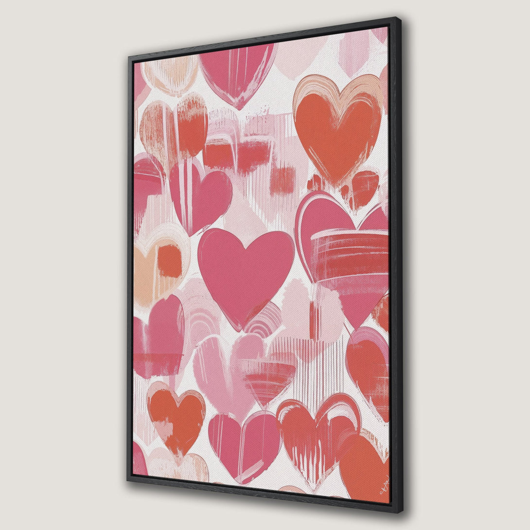 Framed Wall Art featuring a vibrant, abstract heart design in shades of pink and red. Perfect for adding a touch of love and modern style to any space.