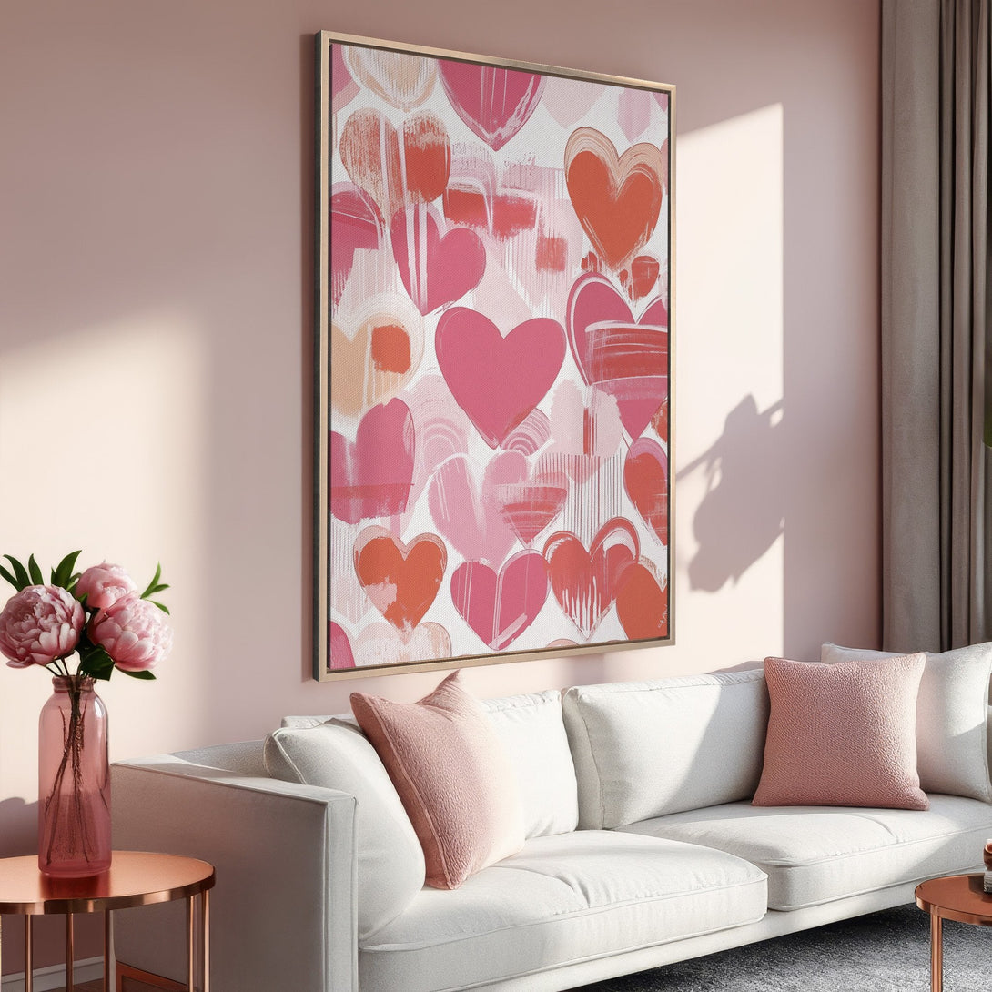 Framed Wall Art featuring a vibrant heart design in shades of pink and red, perfect for adding a touch of love to any space.