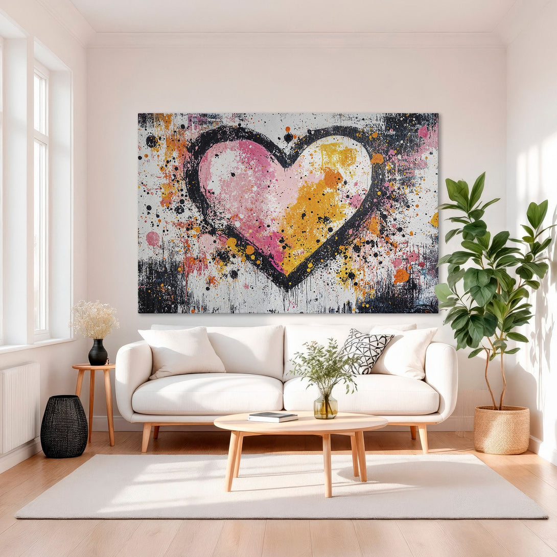 Framed Wall Art: Abstract heart painting in pink, orange, and black. Modern art canvas print adds a pop of color to any space.