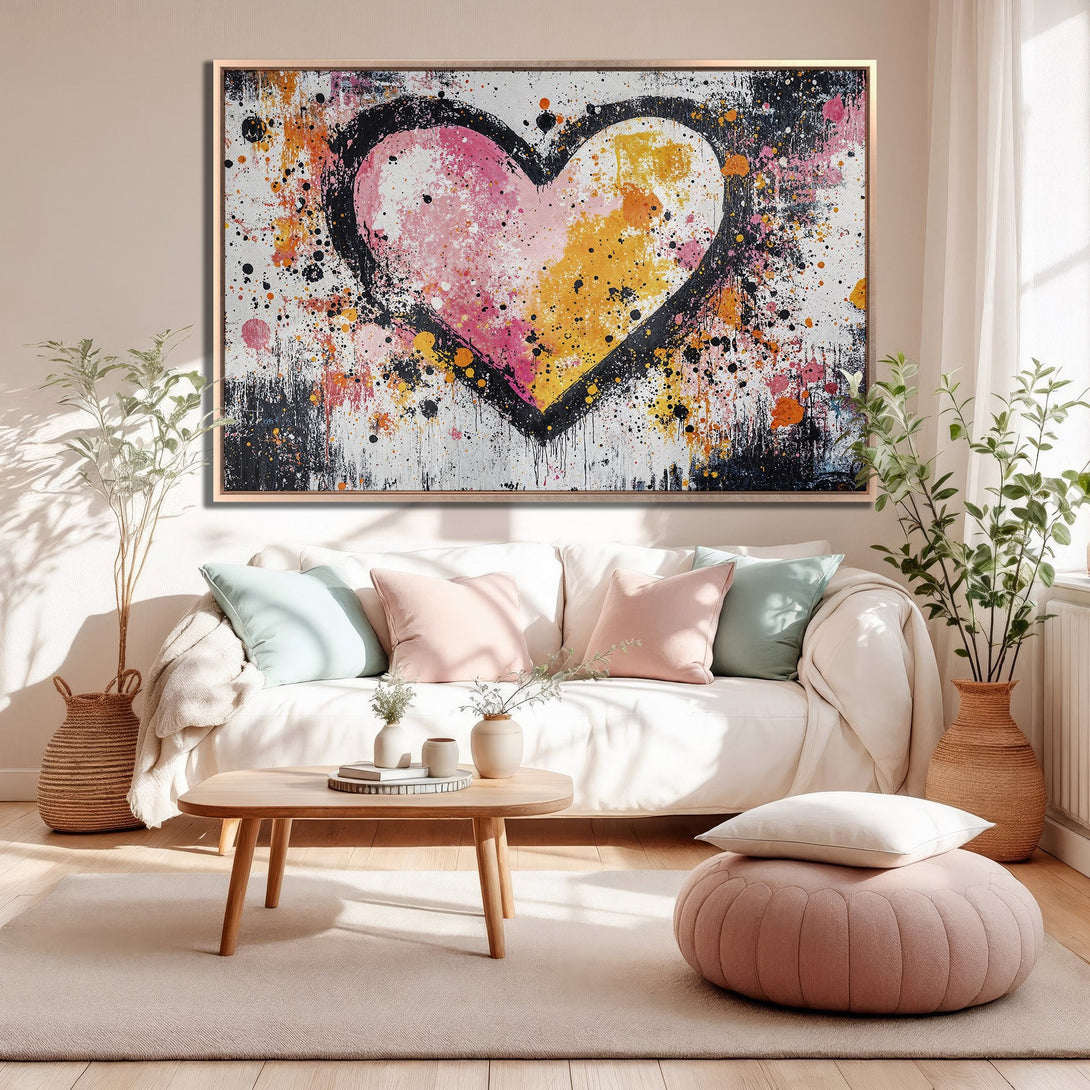 Framed Wall Art: Abstract heart canvas print in pink, yellow, and black. Modern art for living room decor. Adds a pop of color!