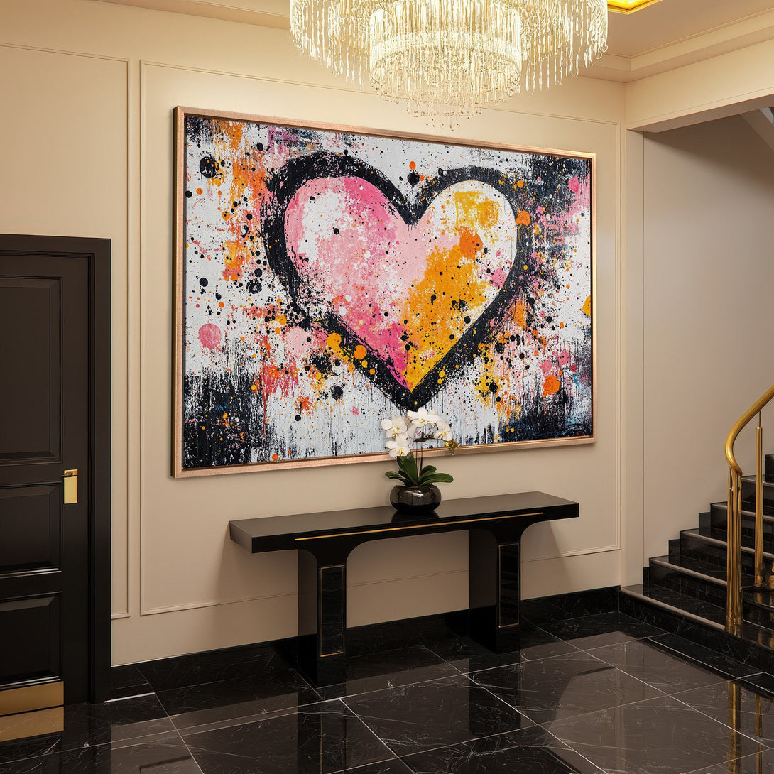 Framed Wall Art: Abstract heart canvas print in a modern entryway. Features a vibrant pink, orange, and black color palette, adding a pop of color to the space.