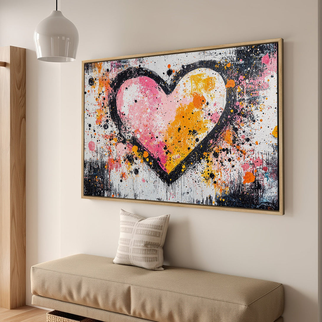 Framed Wall Art: Abstract heart canvas print in vibrant pink, orange, and black. Modern art for home decor.
