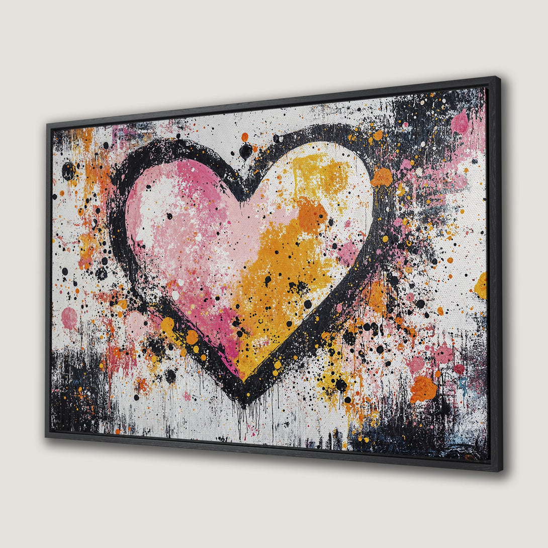 Framed Wall Art featuring a vibrant abstract heart in pink, yellow, and black. Modern art canvas print, perfect for adding a pop of color!