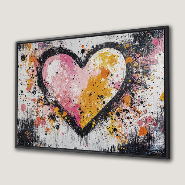 Framed Wall Art featuring a vibrant abstract heart in pink, yellow, and black. Modern art canvas print, perfect for adding a pop of color!
