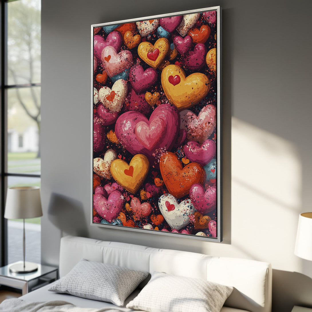 Framed Wall Art: Whimsical heart painting in a bedroom. Featuring a vibrant palette of pink, orange, and yellow hearts on a dark background. Romantic & stylish decor.